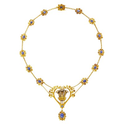 Lot 101 - Lexi Dick Two-Color Gold, Cabochon Sapphire 'Prince of Wales' Swag Pendant-Necklace