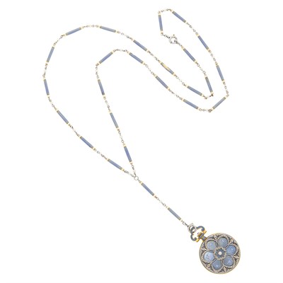 Lot 105 - Tiffany & Co. Gold, Platinum, Enamel, Seed Pearl and Diamond Pendant-Watch Necklace