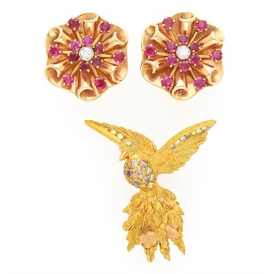 Lot 1215 - Pair of Gold, Ruby and Diamond Earclips and Gold and Colored Diamond Hummingbird Brooch