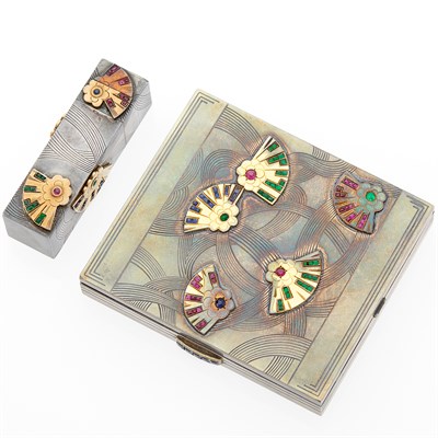 Lot 1297 - Silver, Gold and Gem-Set Compact and Lipstick Holder, France