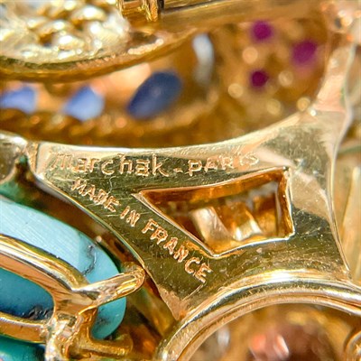 Lot 88 - Marchak Paris Gold, Diamond, Turquoise and Colored Stone Hummingbird Clip-Brooch