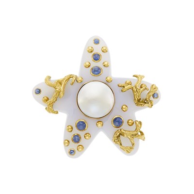 Lot 45 - Seaman Schepps Blue Chalcedony, Gold, Mabé Pearl and Cabochon Sapphire Starfish Brooch