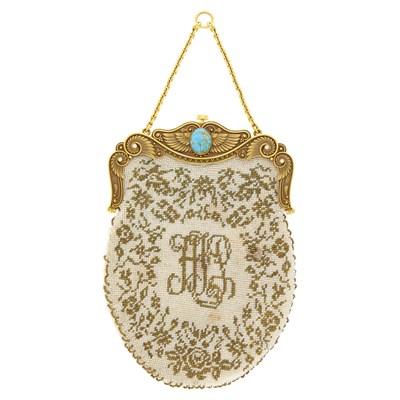 Lot 92 - Egyptian Revival Gold, Turquoise Scarab and Diamond Beaded Purse with Gold Carrying Chain