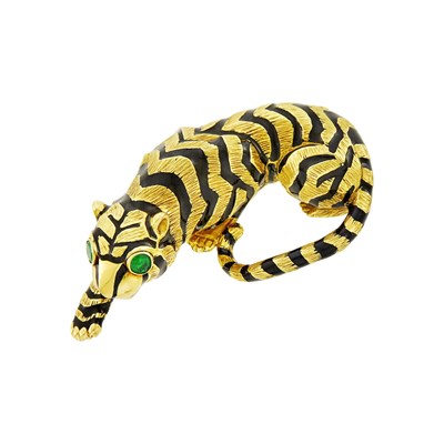 Lot 2 - David Webb Gold, Black Enamel and Emerald Tiger Clip-Brooch
