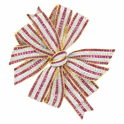 Lot 140 - Two-Color Gold, Ruby and Diamond Bow Clip-Brooch