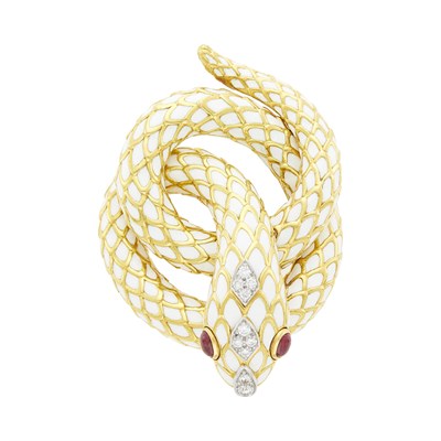 Lot 10 - David Webb Gold, Platinum, White Enamel, Diamond and Cabochon Ruby Snake Clip-Brooch