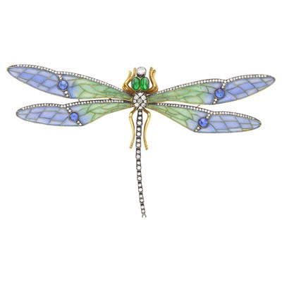Lot 15 - Gold, Silver, Plique-à-Jour Enamel, Cabochon Sapphire and Emerald and 	Diamond Dragonfly Brooch