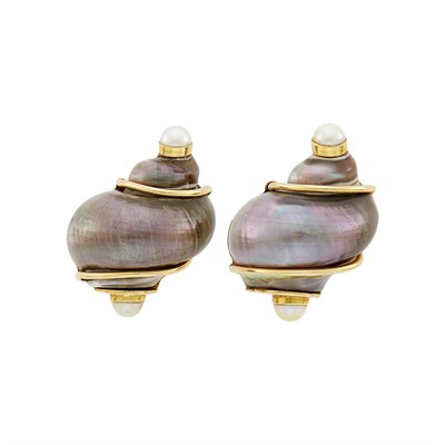 Lot 63 - Seaman Schepps Pair of Gold, Gray Shell and Cultured Pearl Earclips