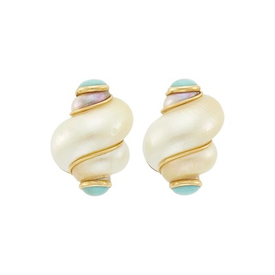Lot 49 - Maz Pair of Gold, Shell and Turquoise Earclips