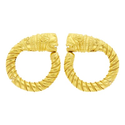 Lot 103 - Ilias Lalaounis Pair of Gold Chimera Hoop Earclips