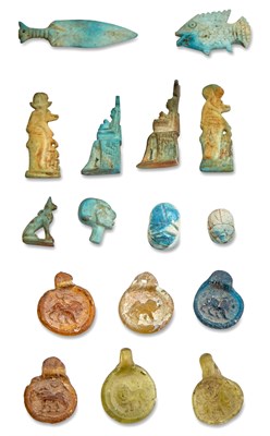 Lot 9 - Group of Egyptian Faience Amulets, Scarabs and Late Roman Glass Pendants