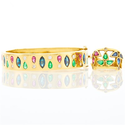 Lot 1087 - Gold and Colored Stone Bangle Bracelet and Ring