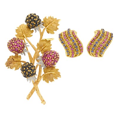 Lot 31 - Pair of Gold, Ruby and Sapphire Earrings and Buccellati Two-Color Gold, Cabochon Ruby and Black Onyx Berry Brooch