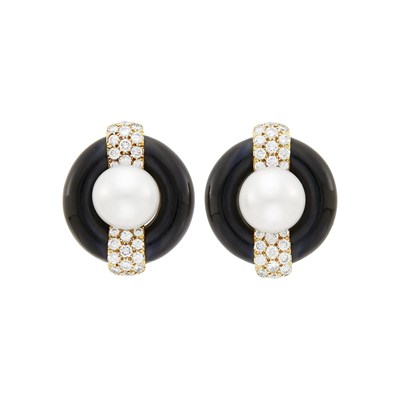 Lot 175 - David Webb Pair of Gold, Black Onyx, Cultured Pearl and Diamond Earclips