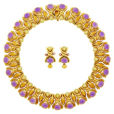 Lot 137 - Gold, Cabochon Amethyst, Citrine and Peridot Collar Necklace and Pair of Pendant-Earclips
