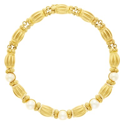 Lot 10 - Gold, Light Golden Cultured Pearl and Diamond Necklace