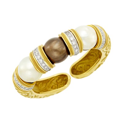 Lot 11 - Two-Color Gold, Cultured Pearl and Diamond Bangle Bracelet