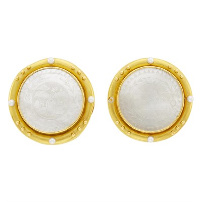 Lot 120 - Elizabeth Locke Pair of Gold, Carved Mother-of-Pearl and Cultured Pearl Earclips