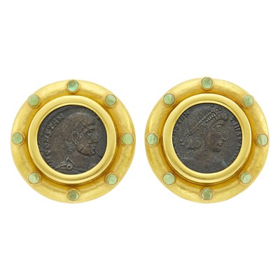 Lot 58 - Elizabeth Locke Pair of Hammered Gold, Ancient Bronze Coin and Cabochon Aquamarine Earclips