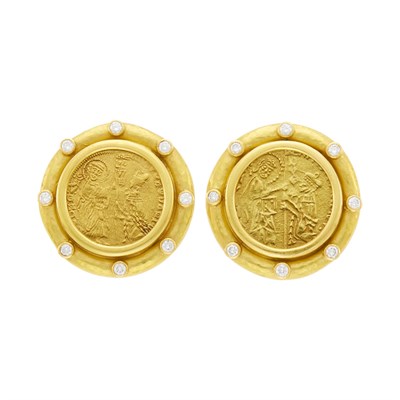Lot 100 - Elizabeth Locke Pair of Hammered Gold, Gold Coin and Diamond Earclips