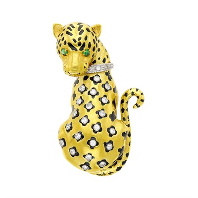 Lot 2 - Two-Color Gold, Diamond, Black Enamel and Emerald Leopard Brooch