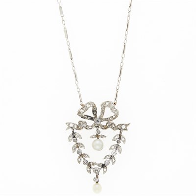 Lot 1165 - Platinum, Gold, Pearl and Diamond Pendant-Necklace