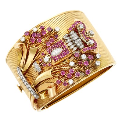 Lot 84 - Tricolor Gold, Ruby and Diamond Cuff Bangle-Watch