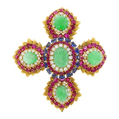 Lot 156 - Gold, Carved Emerald, Sapphire, Ruby and Diamond Maltese Cross Pendant-Brooch