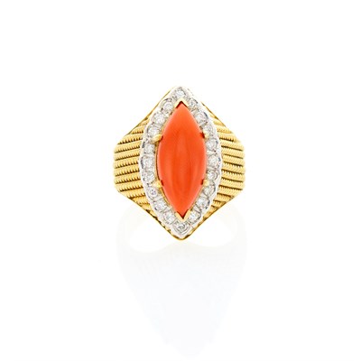 Lot 1241 - Two-Color Gold, Coral and Diamond Ring