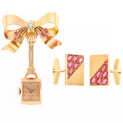 Lot 1213 - Rose Gold, Ruby and Diamond Lapel-Watch and Pair of Gold and Red Glass Cufflinks