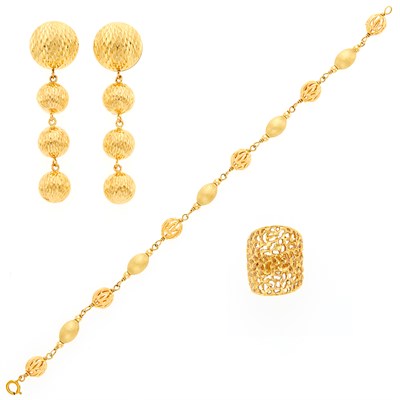 Lot 1027 - Pair of Gold Bead Pendant-Earrings, Bracelet and Wide Ring