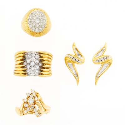 Lot 1230 - Three Two-Color Gold and Diamond Rings and Pair of Earrings