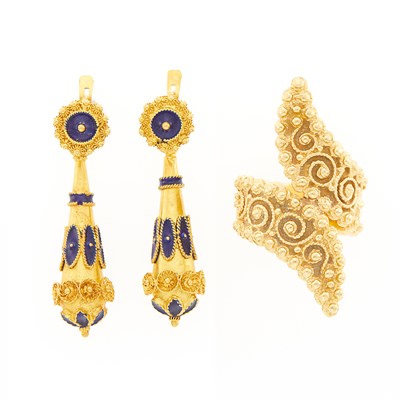 Lot 1222 - Pair of Gold and Blue Enamel Pendant-Earrings and Gold Ring
