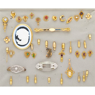 Lot 1130 - Group of Gold, Low Karat Gold and Silver Stick Pins, Pins and Pendant