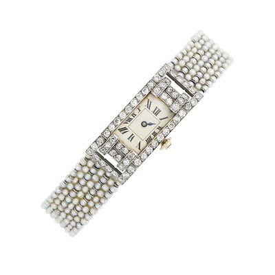 Lot 108 - Platinum, Seed Pearl and Diamond Mesh Wristwatch, France