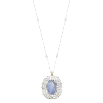 Lot 51 - Platinum, Gray Star Sapphire and Diamond Ballerina Pendant with White Gold and Diamond Chain