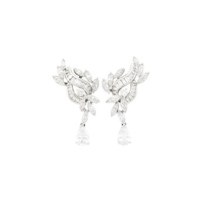 Lot 115 - Pair of Platinum and Diamond Pendant-Earrings