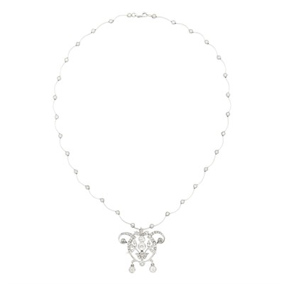 Lot 1055 - White Gold and Diamond Chain Necklace with Platinum and Diamond Pendant-Brooch