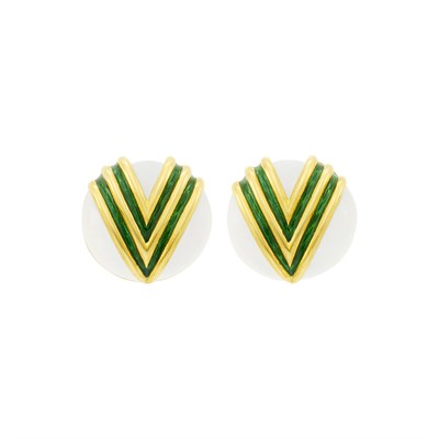 Lot 150 - Tiffany & Co. Pair of Gold and White and Green Enamel Button Earclips