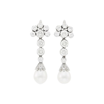 Lot 36 - Pair of White Gold, Diamond and Cultured Pearl Pendant-Earrings