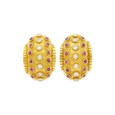 Lot 92 - Ilias Lalaounis Pair of Gold, Ruby and Diamond Bombé Earclips