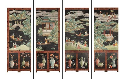 Lot 233 - Four Chinese Painted Wallpaper Panels Mounted...