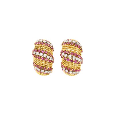 Lot 87 - Pair of Gold, Ruby and Diamond Bombé Earrings