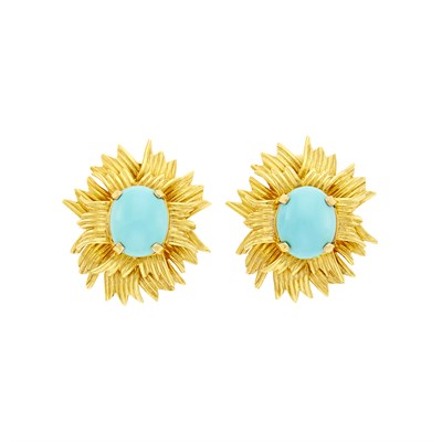 Lot 1 - Pair of Gold and Turquoise Flower Earclips