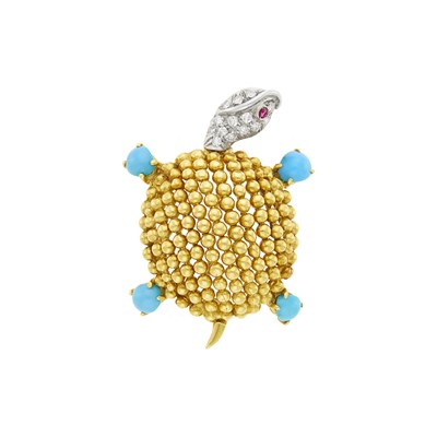 Lot 4 - Two-Color Gold, Turquoise and Diamond Turtle Pin