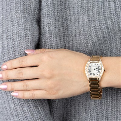Lot 180 - Cartier Rose Gold and Diamond 'Tortue' Wristwatch