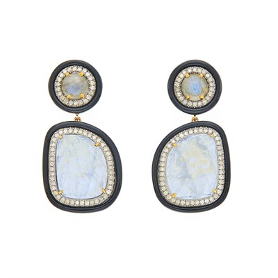 Lot 1168 - Pair of Silver, Carved Moonstone, Labradorite, Black Onyx and DIamond Pendant-Earrings