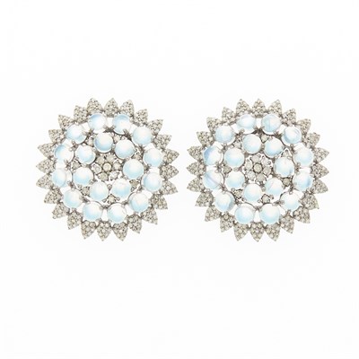 Lot 1183 - Pair of Silver, Moonstone and Diamond Cluster Earrings