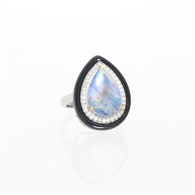 Lot 1166 - Silver, Moonstone, Black Onyx and Diamond Ring