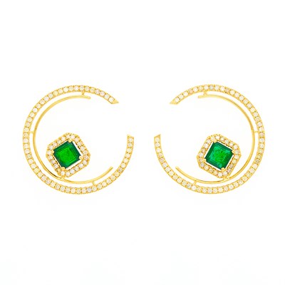 Lot 1238 - Pair of Gold, Emerald and Multicolored Diamond Crescent Earrings